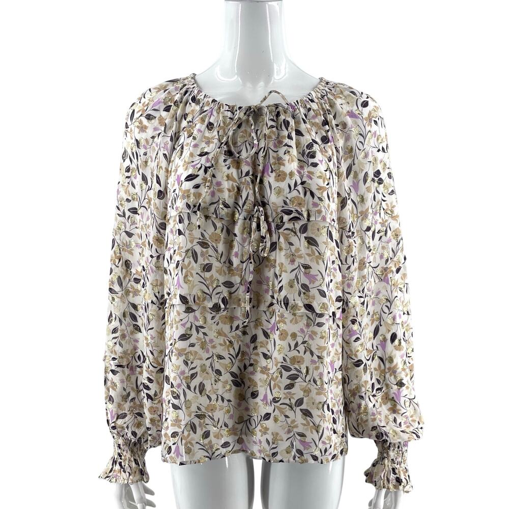 Ann Taylor Womens Top Size Large White Gold Purple Floral Double Tie Neck Blouse